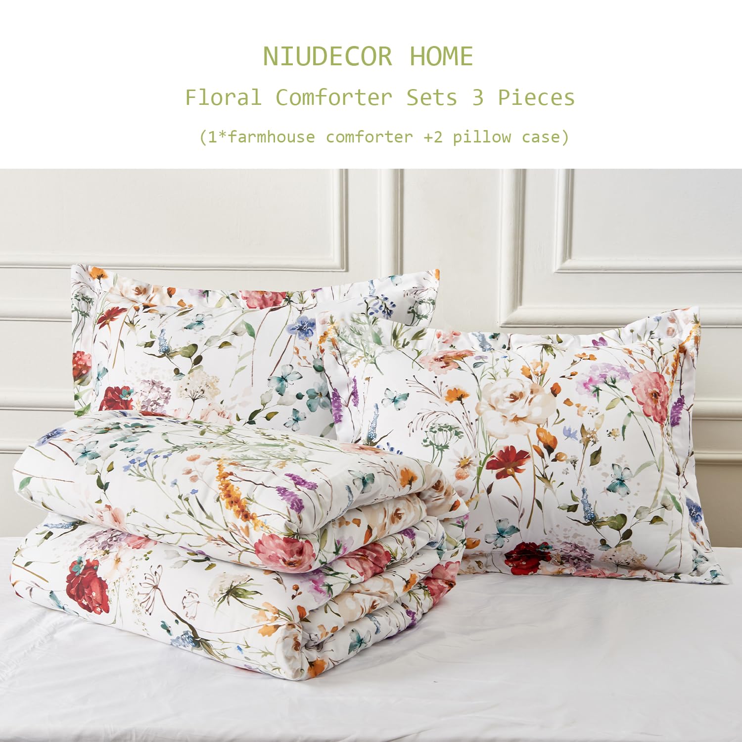 Floral Comforter Set, Twin Size Comforter Set with Flowers Leaves Pattern On White
