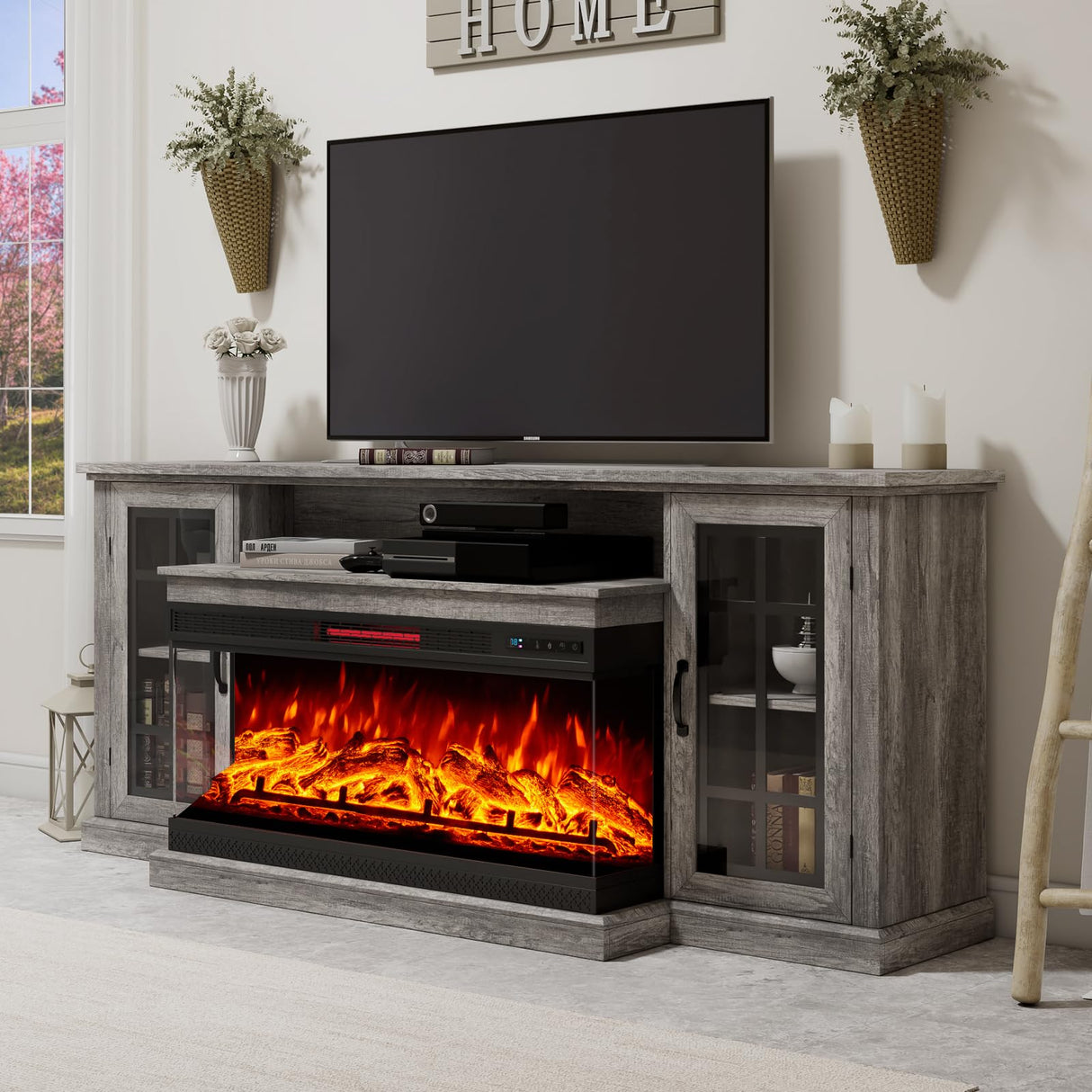 75" Fireplace TV Stand with 3-Sided Glass Electric Fireplace