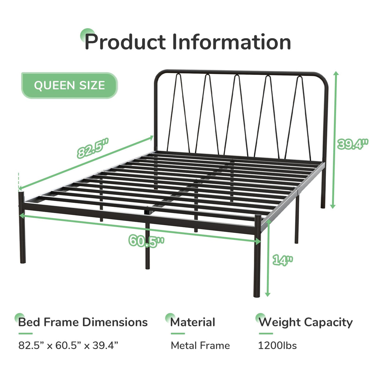 Queen Bed Frame, 14 Inch Metal Platform Bed Frame with Headboard, Heavy Duty Metal