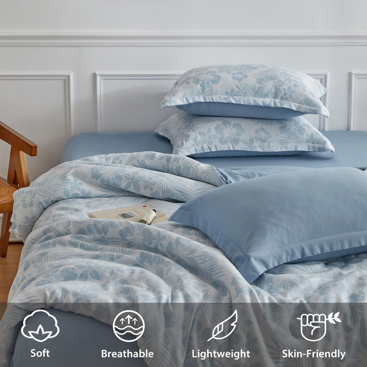 King Comforter Set, White Blue Floral Bedding Comforter Sets