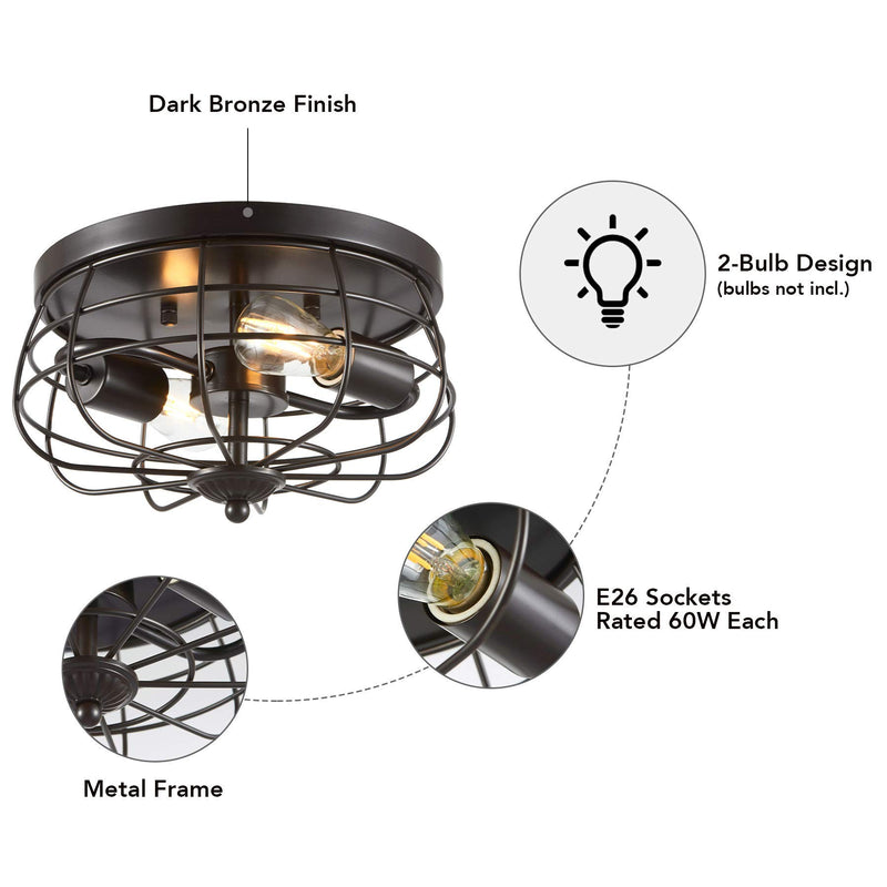 2-Light Industrial Flush Mount Ceiling Light Fixture in Dark Bronze Finish