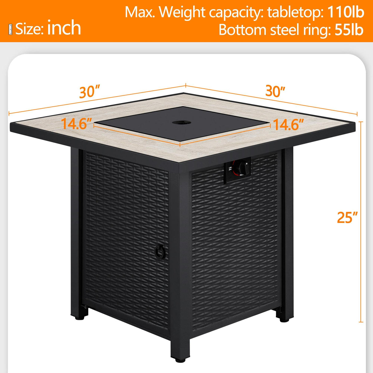 30" Propane Gas Fire Table 50,000 BTU Square Gas with Ceramic Tabletop