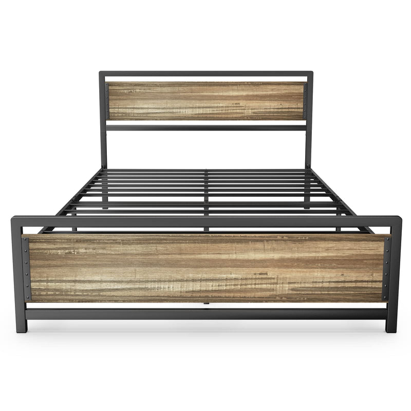 Queen Size Bed Frame, Metal Platform Bed with Wooden Headboard with Rivet