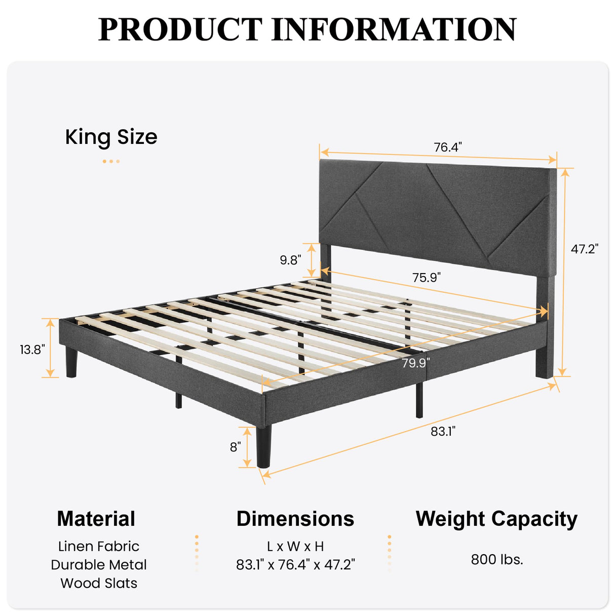 King Size Upholstered Bed Frame with Geometric Headboard, Heavy-Duty Platform Bed