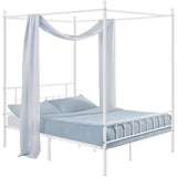 White Four-Poster Canopy Metal Bed Frame with Headboard and Footboard