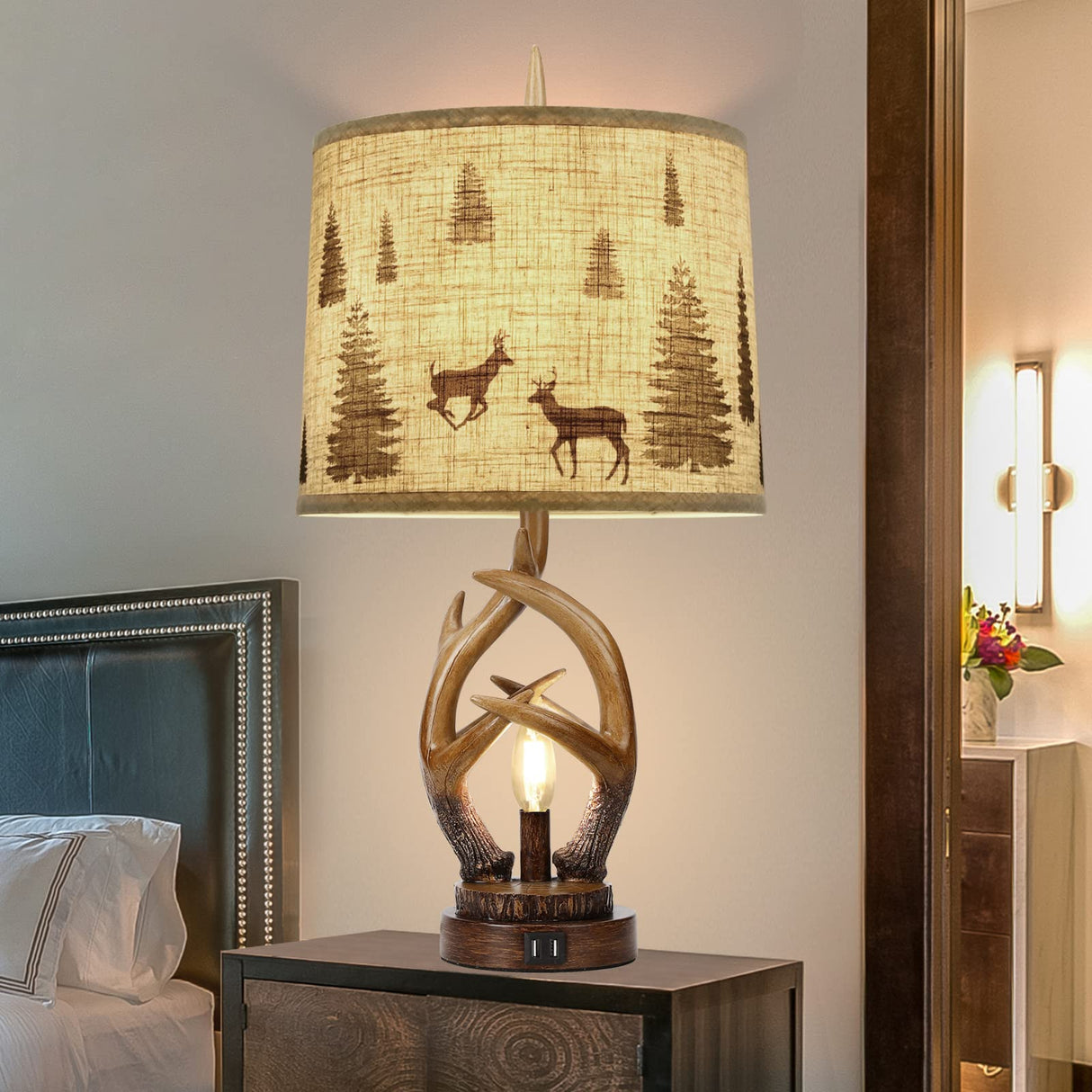 Rustic Farmhouse Antlers Table Lamp Set of 2