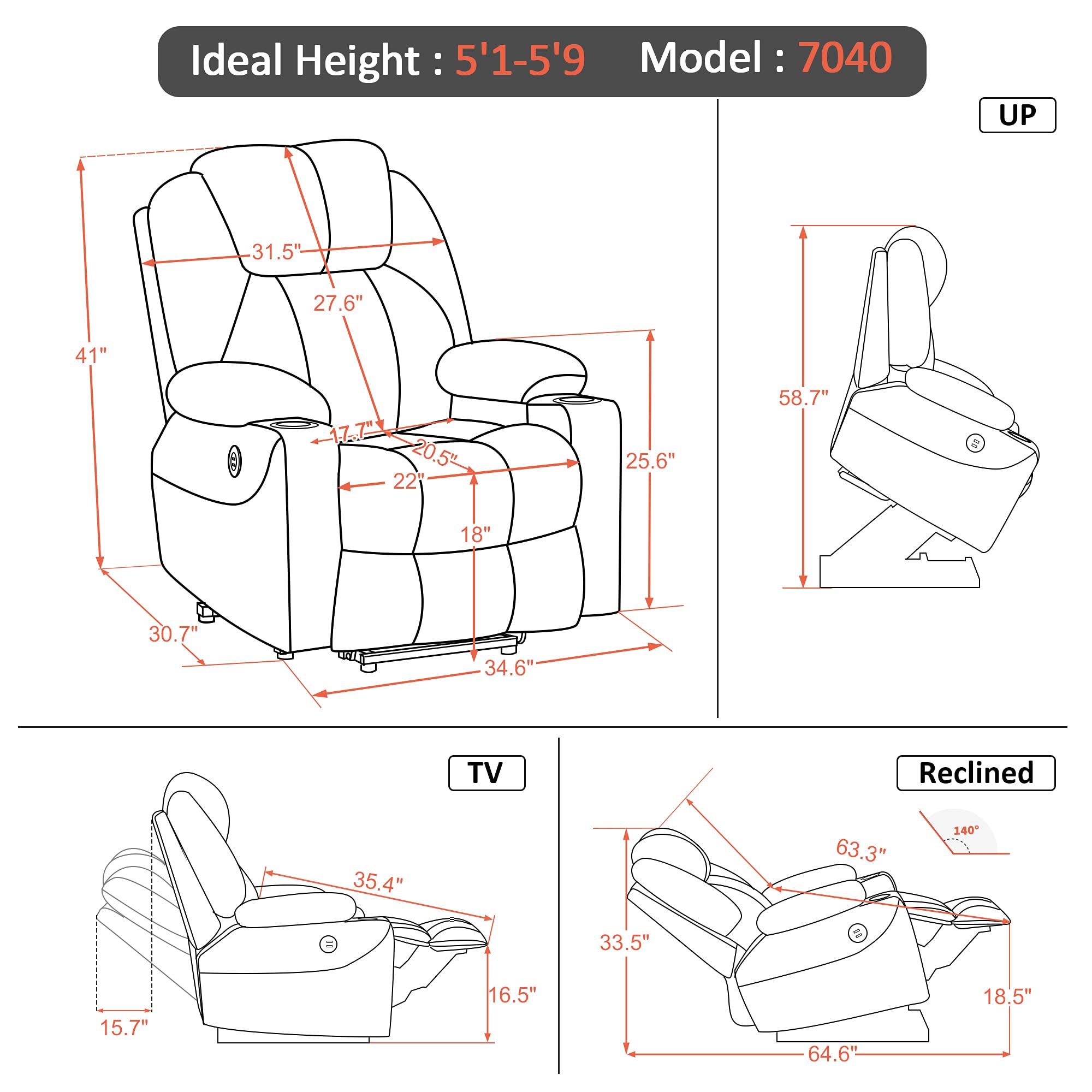 ThermaLift Power Lift Recliner Chair – Heat & Vibration, USB & Cup Holders