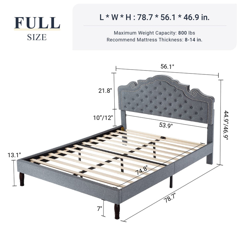 Full Size Bed Frame with Adjustable Tiara Headboard, Upholstered Diamond Button Tufted Bed