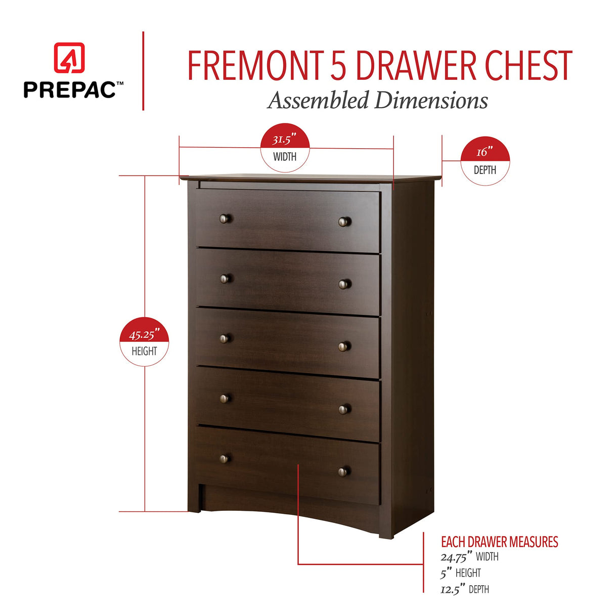 Fremont Superior 5-Drawer Chest for Bedroom - Spacious and Stylish Chest of Drawers