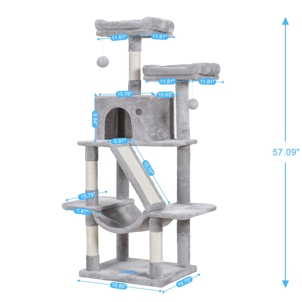 Cat Tree, 57" Cat Tower with Scratching Posts, Multi-Level with hammocks, Toys