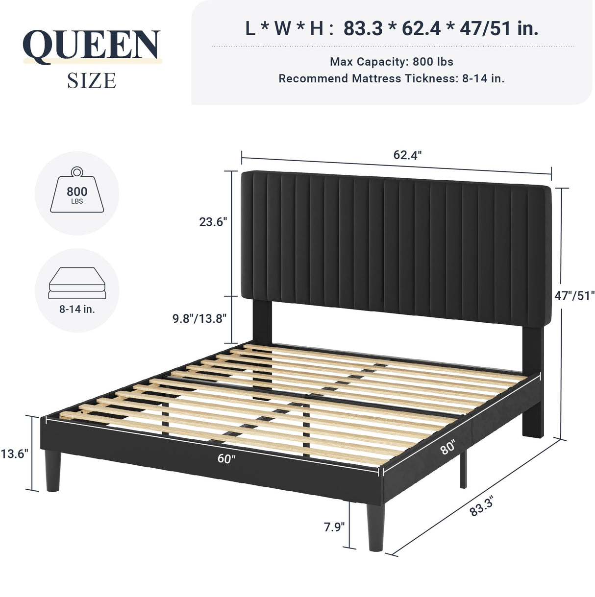 Queen Bed Frame, Velvet Upholstered Platform Bed