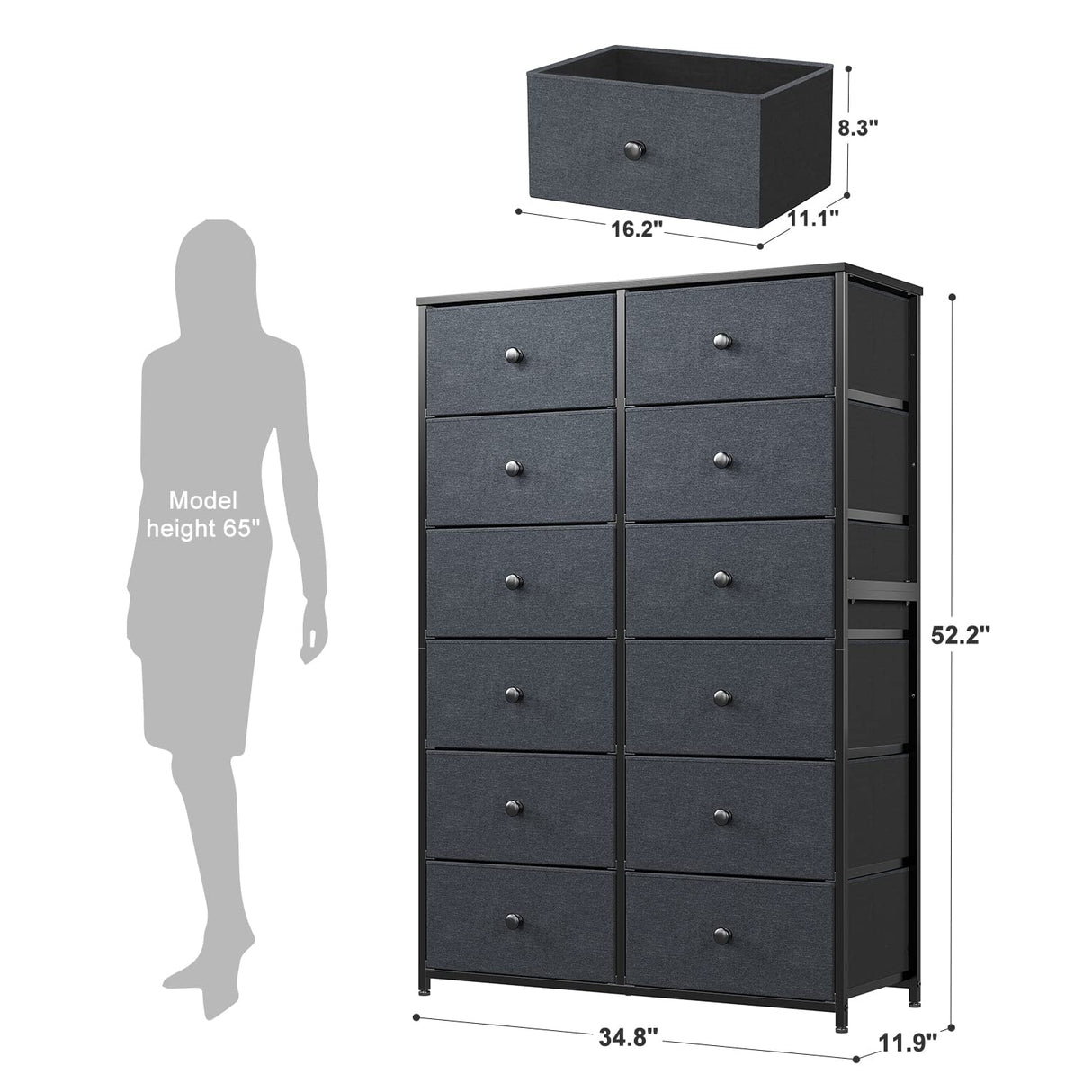 12 Drawer Dresser, Tall Dressers for Bedroom with Wooden Top and Metal Frame