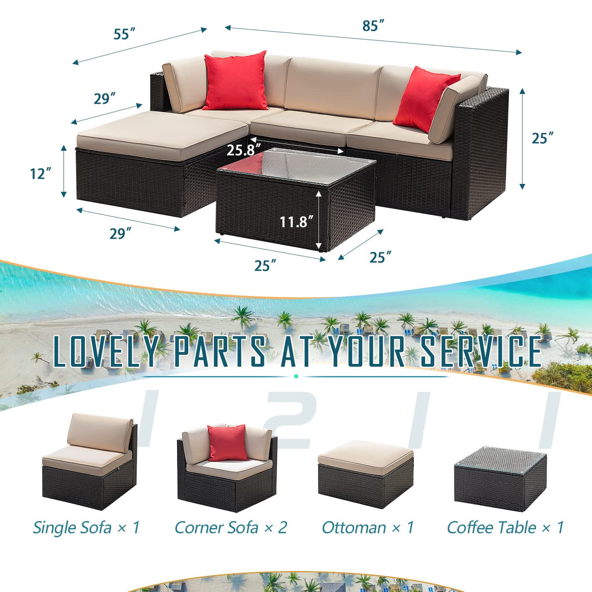 5 Piece Patio Furniture Set Wicker Outdoor Sectional Sofa with Thick Cushions