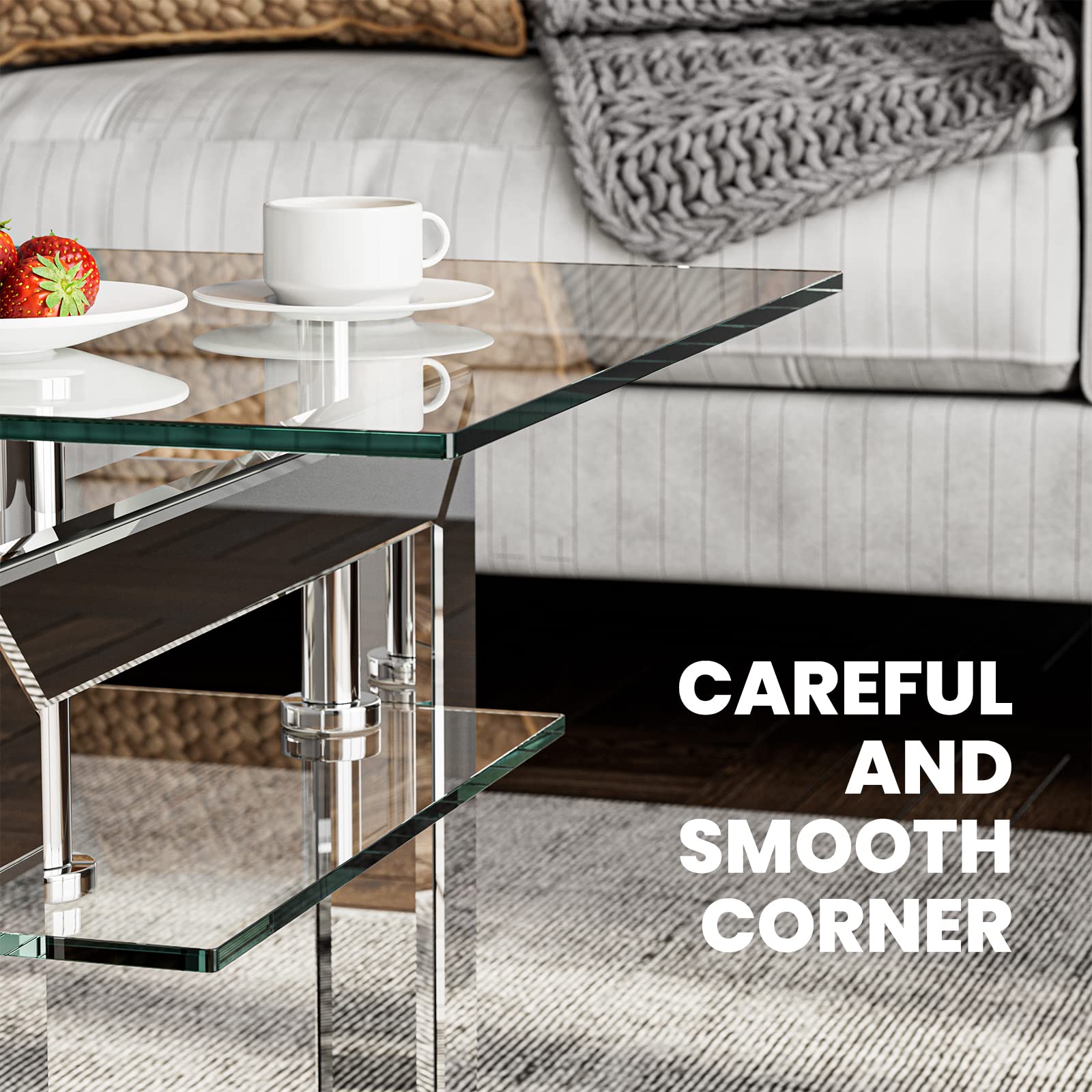 Glass Coffee Table with 2 Tier Glass Boards & Sturdy Metal Legs