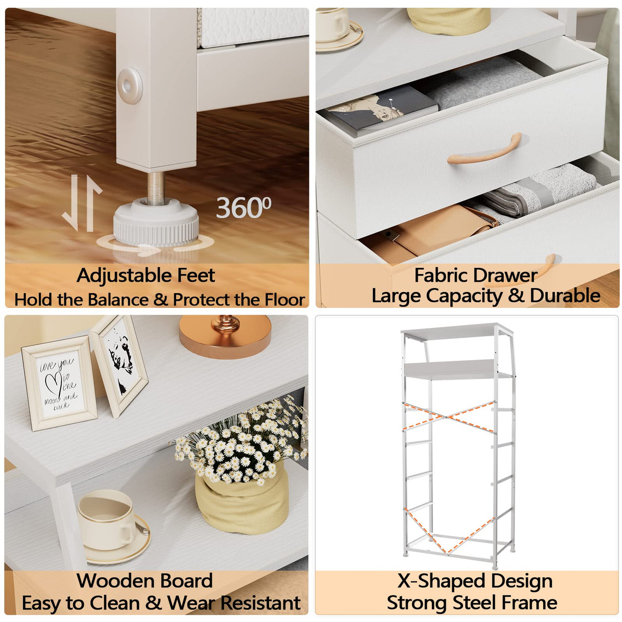 White Dresser with 5 Drawers, Vertical Storage Tower Fabric Dresser for Bedroom