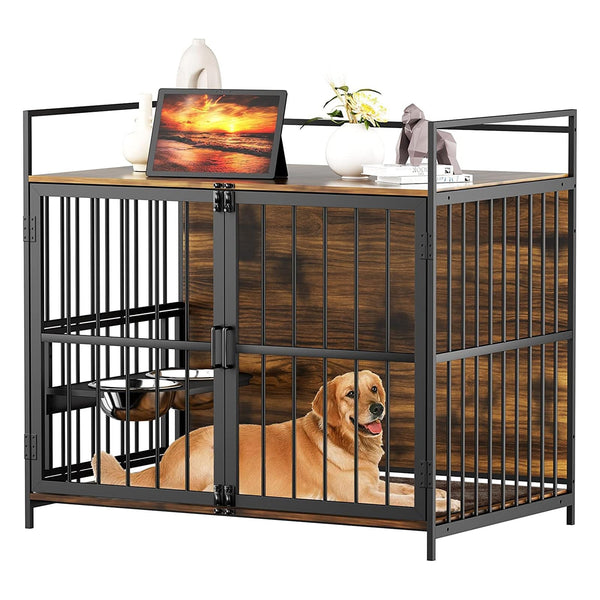 Furniture Style Large Dog Crate with 360° & Adjustable Raised Feeder for Dogs