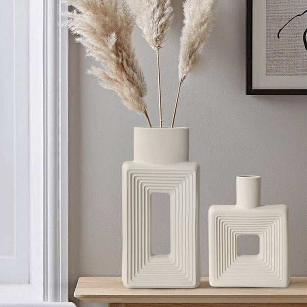 White Ceramic Vase Set of 2，Square Vase Rustic Home Decor Minimalist