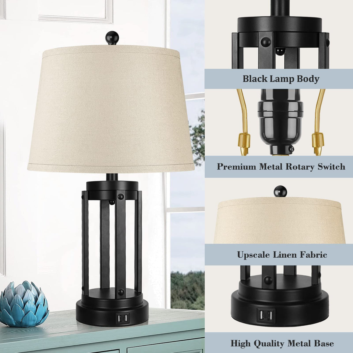 Table Lamps Set of 2 with USB Ports, 3-Way Dimmable Farmhouse