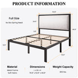 Queen Bed Frame with Tall Upholstered Headboard, Metal Structure, Wood Slat Support