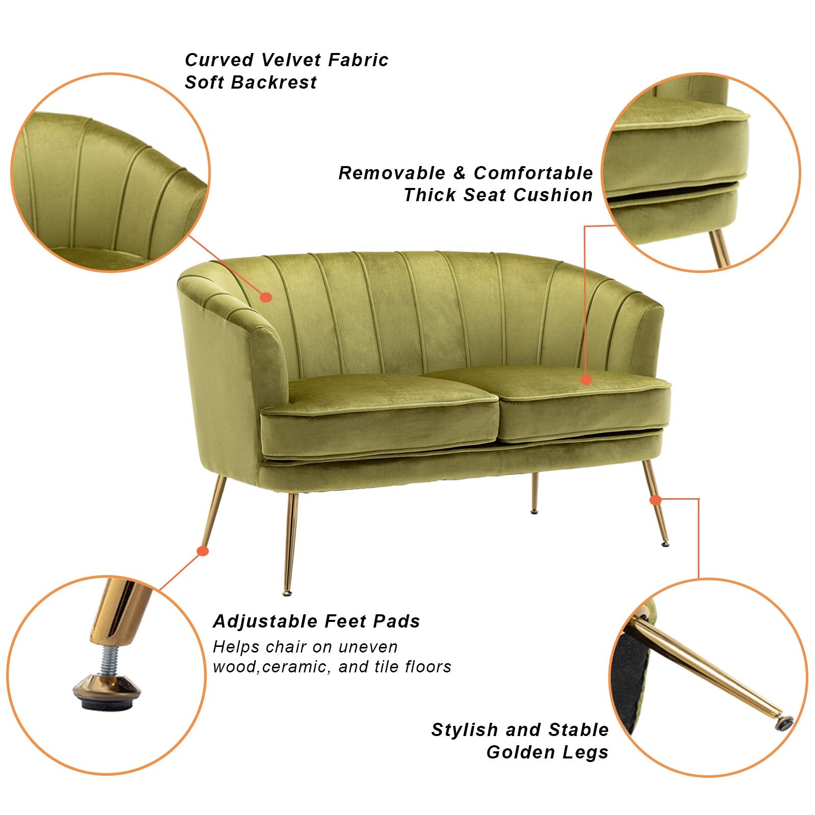 Contemporary Velvet Loveseat Chair with Gold-Finished Metal Legs, 2-Seat Sofa