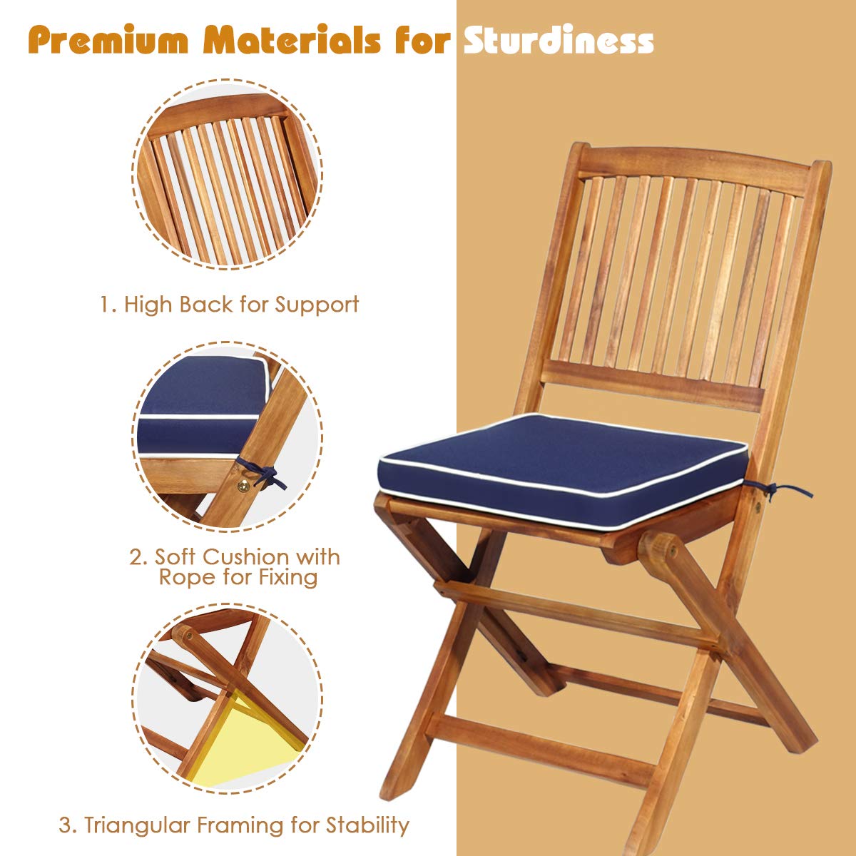 3Pcs Patio Bistro Set, Wood Folding Table Set, 2 Cushioned Chairs