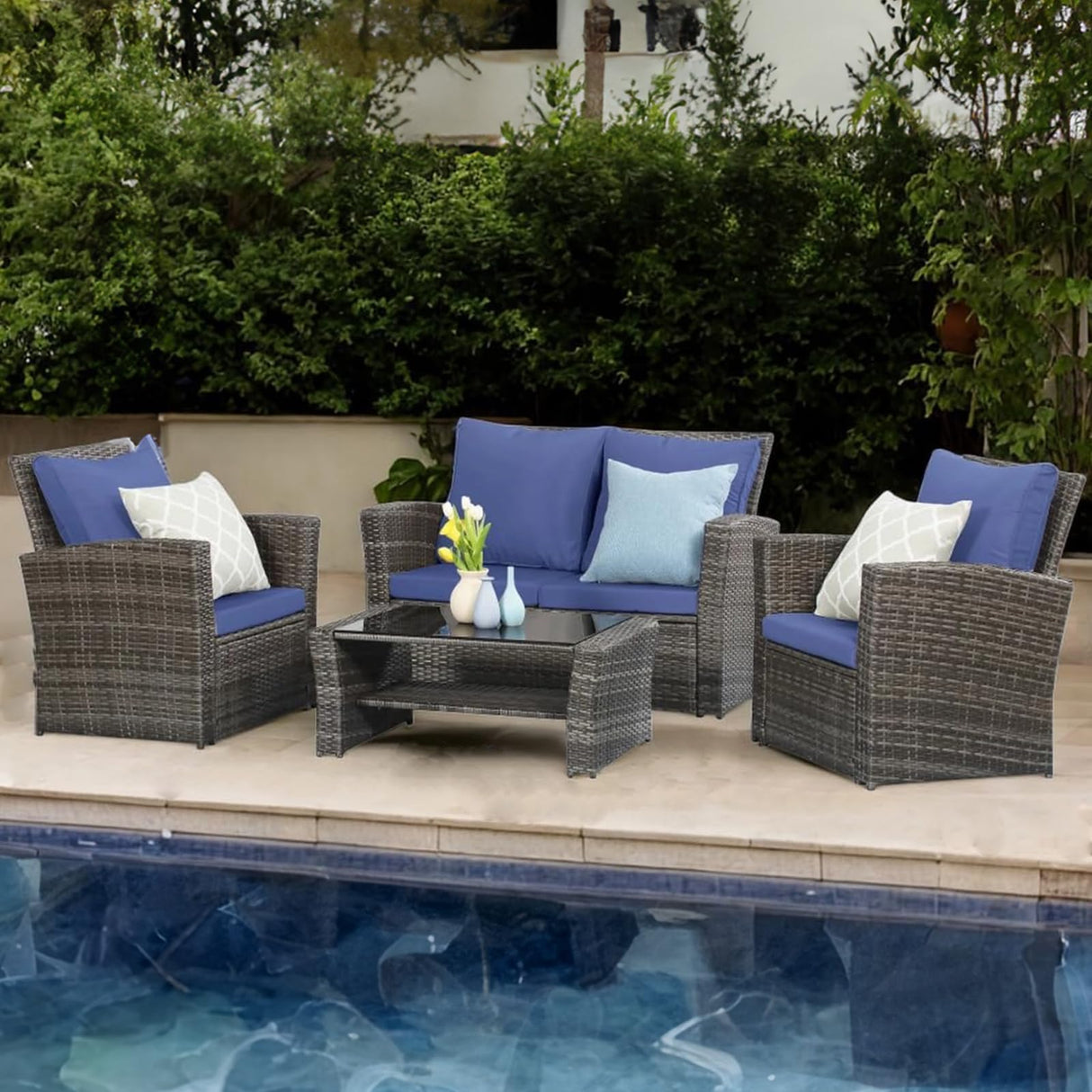 4 Piece Outdoor Patio Furniture Sets, Wicker Conversation Set for Porch Deck