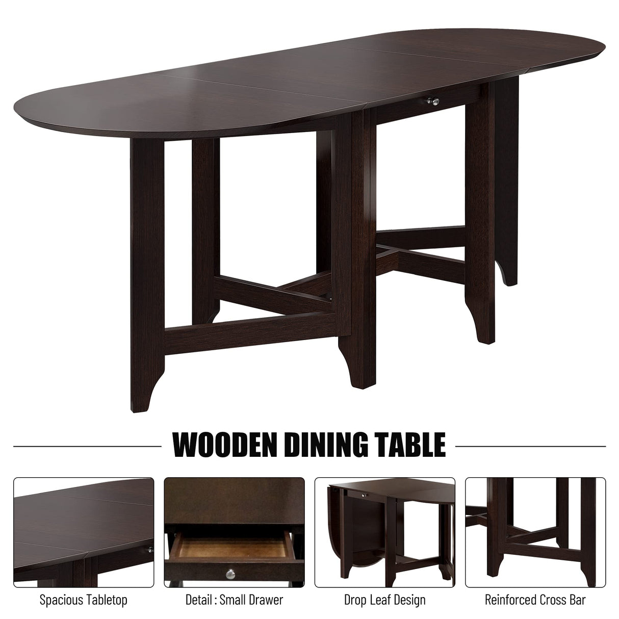 Drop Leaf Table Dining Table, Retro Rubber Wood Kitchen Table