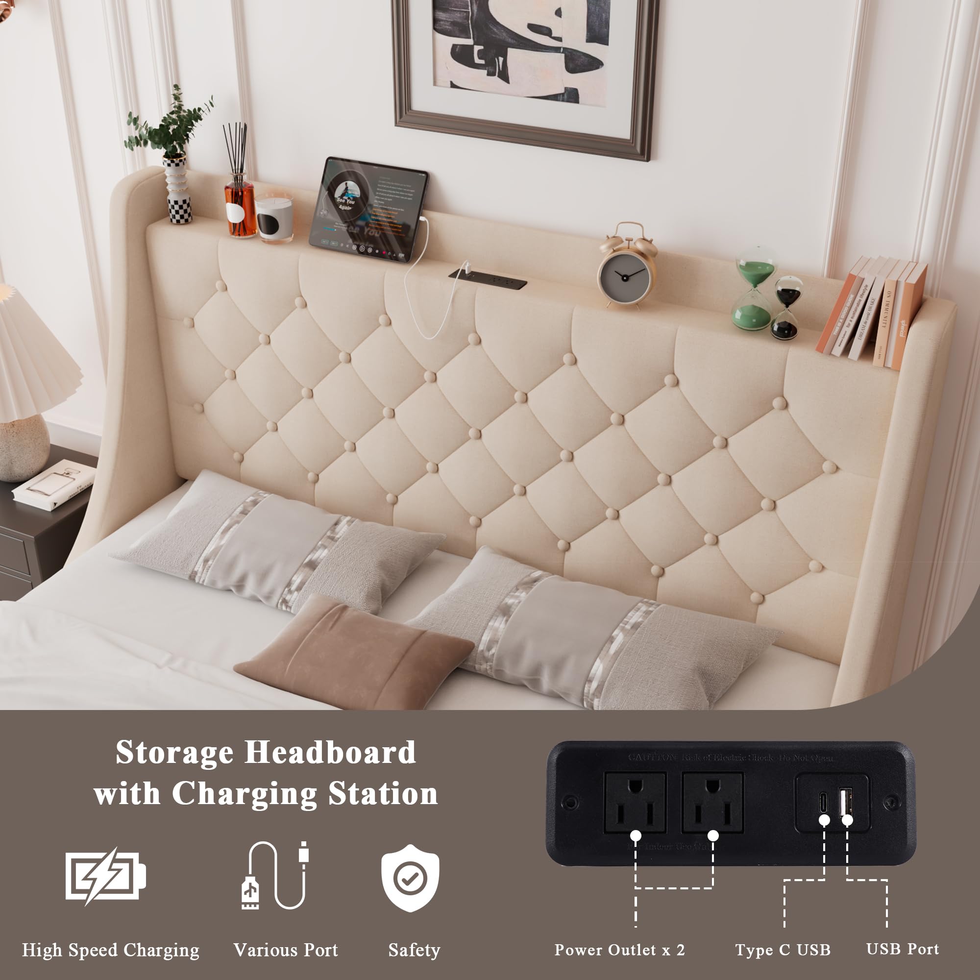 Queen Bed Frame with 4 Storage Drawers, Type-C & USB Port and Charging Station