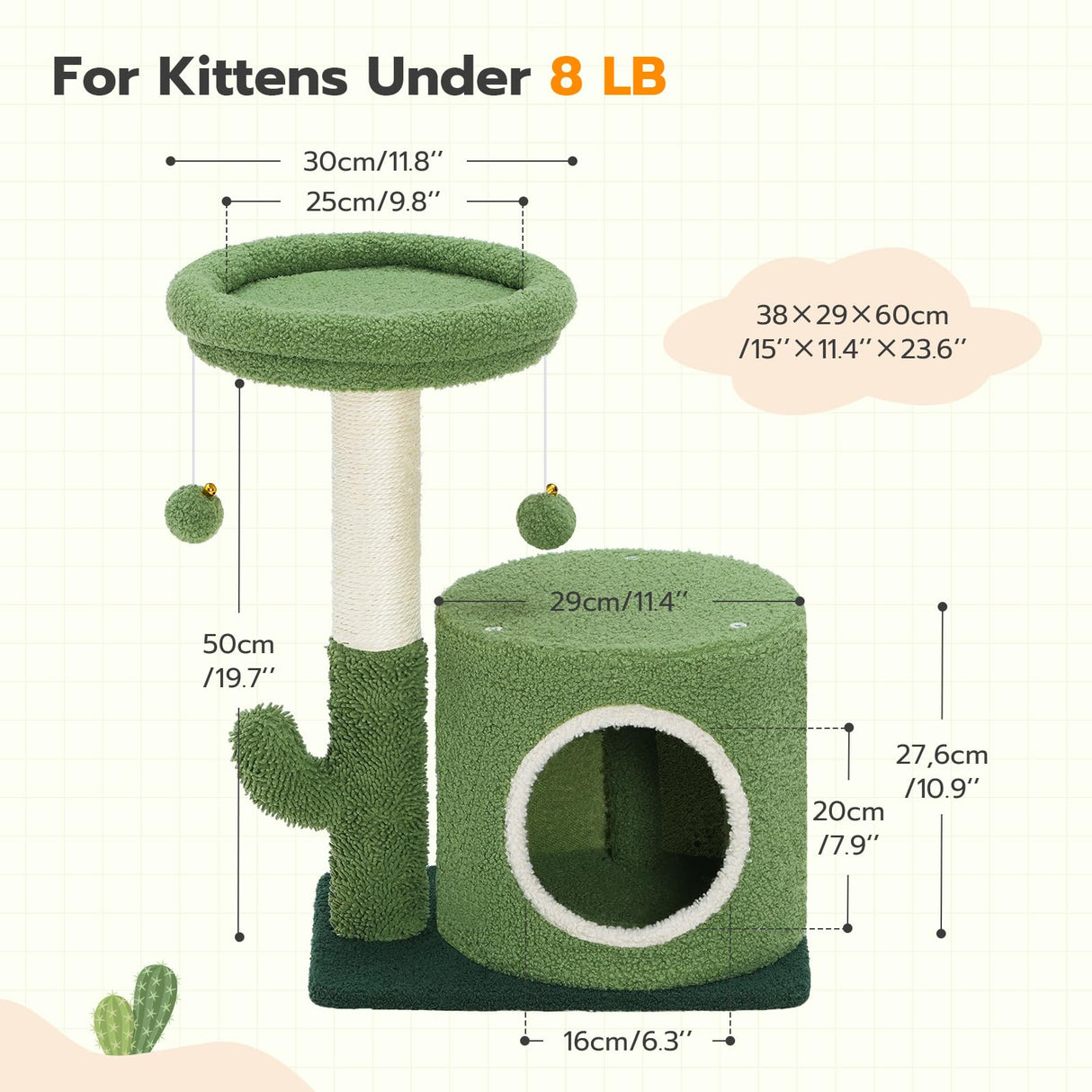 HOOBRO Cactus Cat Tree, Small Cat Tower for Indoor Cats, Cute Cat Tree for Kittens Under 8 LB, Green Cat Condo with Cat Scratching Post, Cat House with Dangling Bell Balls