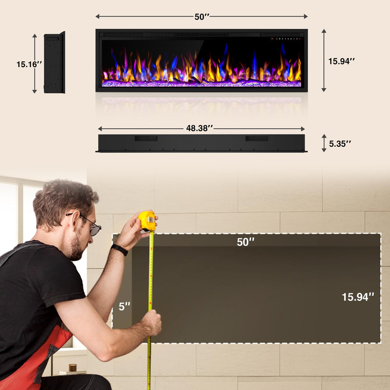 50 Inch Electric Fireplace Heater, Recessed in-Wall and Wall-Mounted Linear Heater