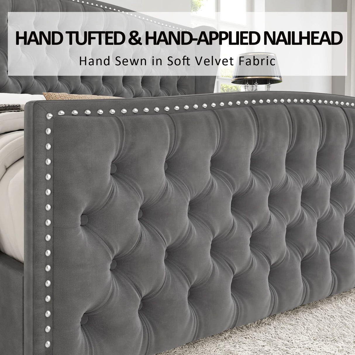 Platform Bed Frame, Velvet Upholstered Bed with Deep Button Tufted Headboard