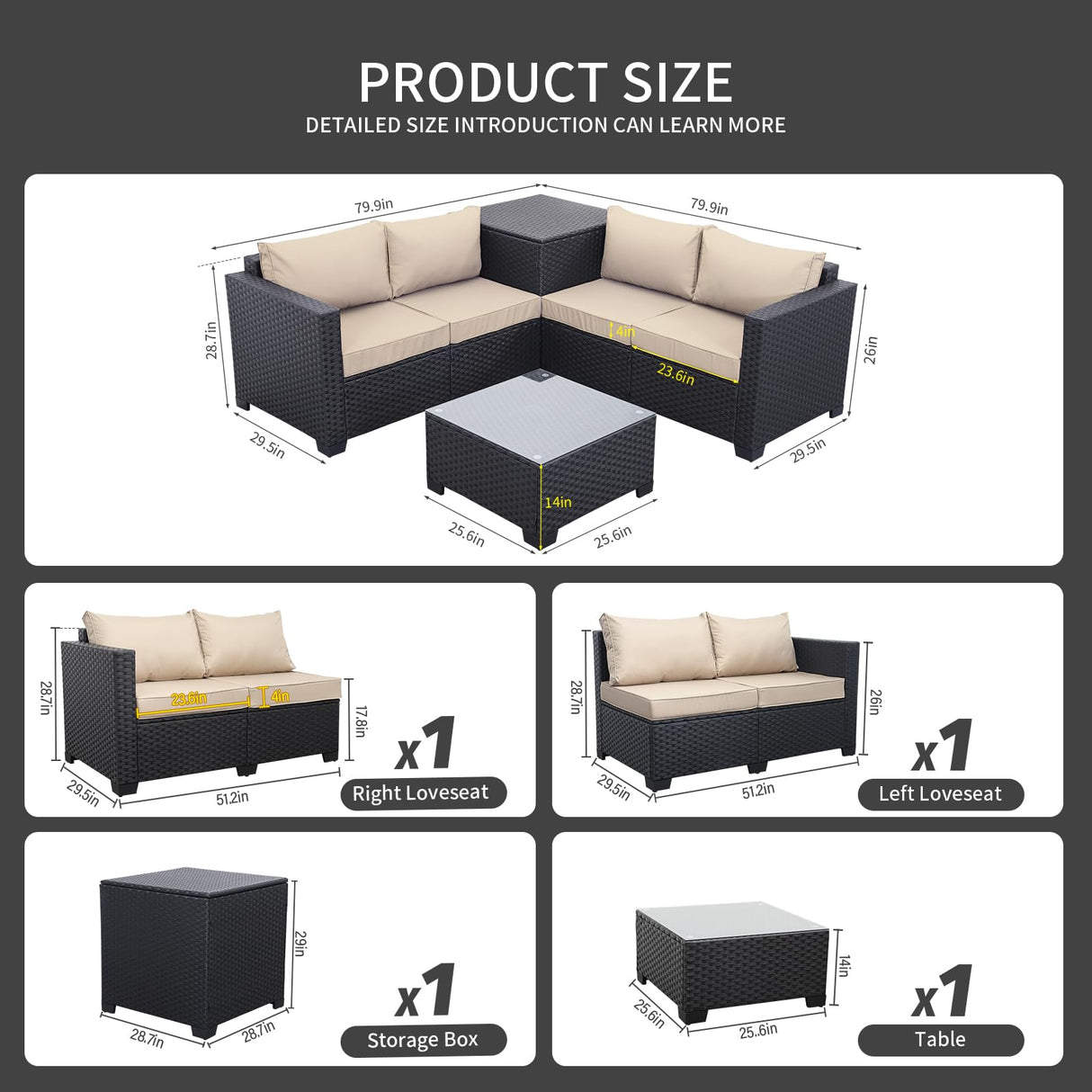 Outdoor PE Wicker Patio Furniture Set 4 Piece Black Rattan Sectional Sofa Conversation