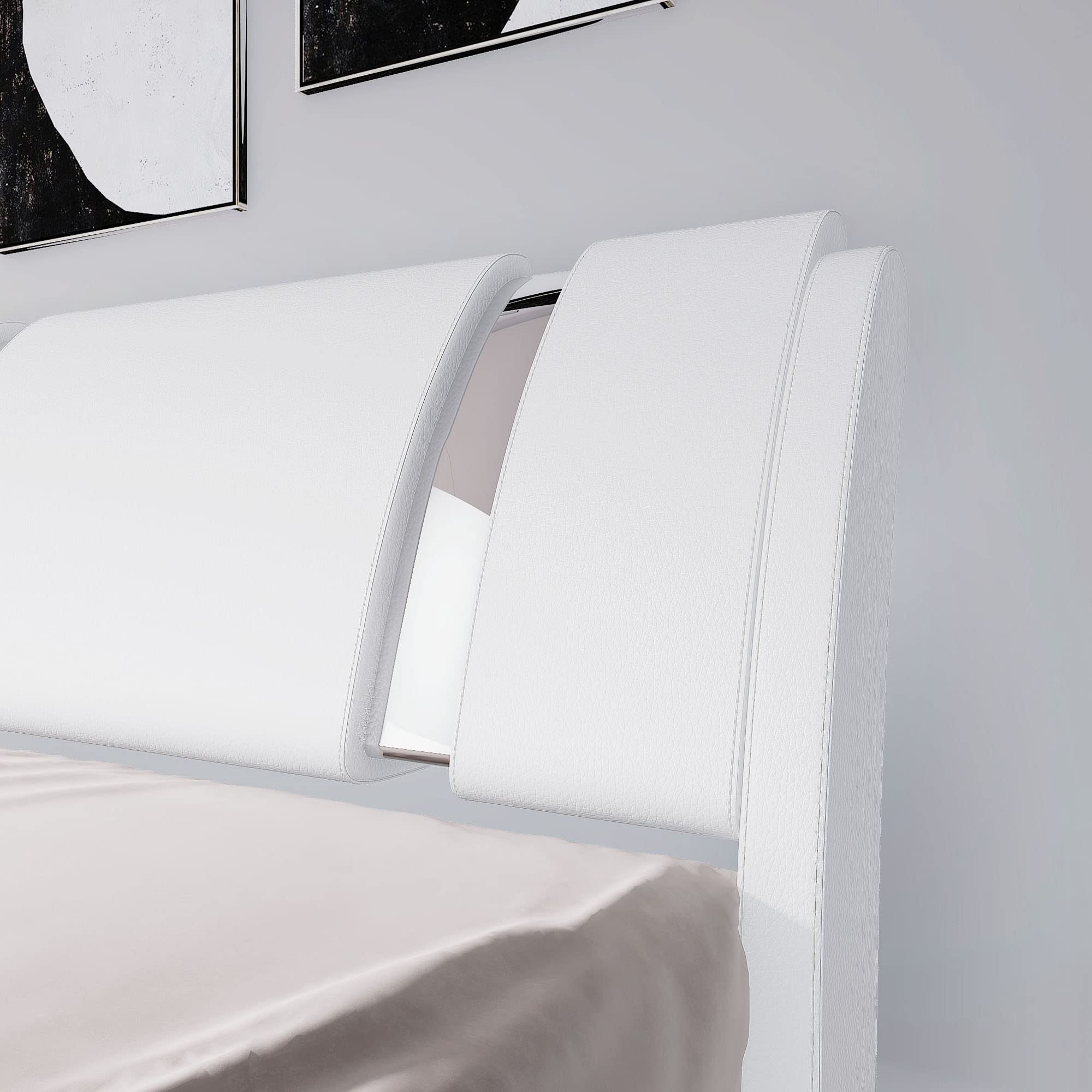 Bed Frame with Iron Piece Decor, Faux Leather Upholstered Platform Bed