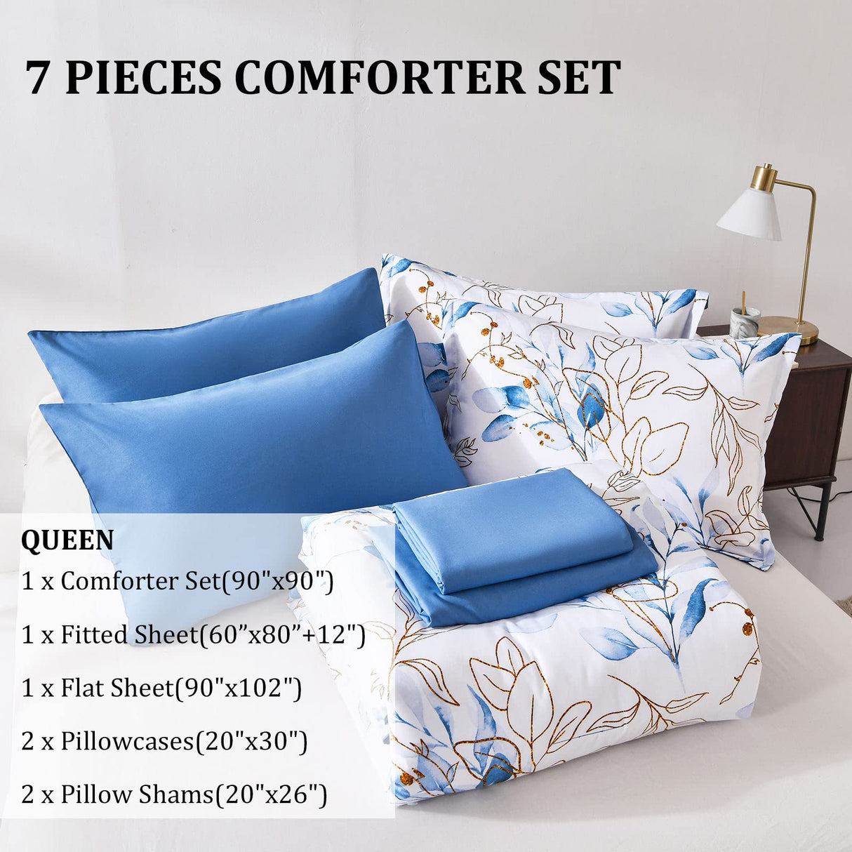 7 Pieces Floral Reversible Bed in a Bag Gold and Blue Leaves Bedding Set