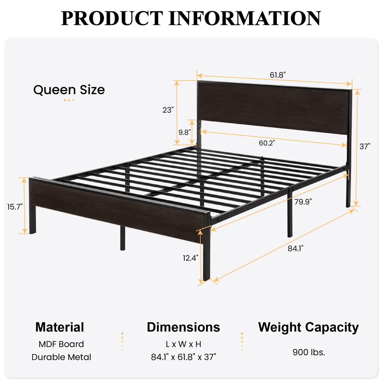 Queen Bed Frame with Headboard, Heavy Duty Platform Bed with Under-Bed Storage