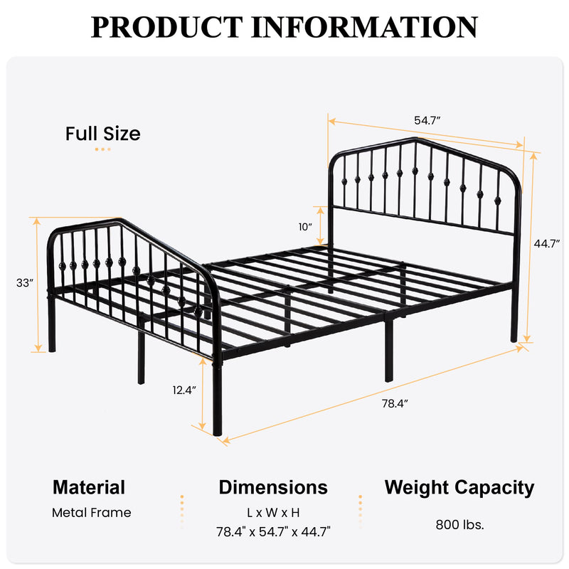 Full Size Metal Platform Bed Frame with Victorian Style Wrought Iron-Art Headboard