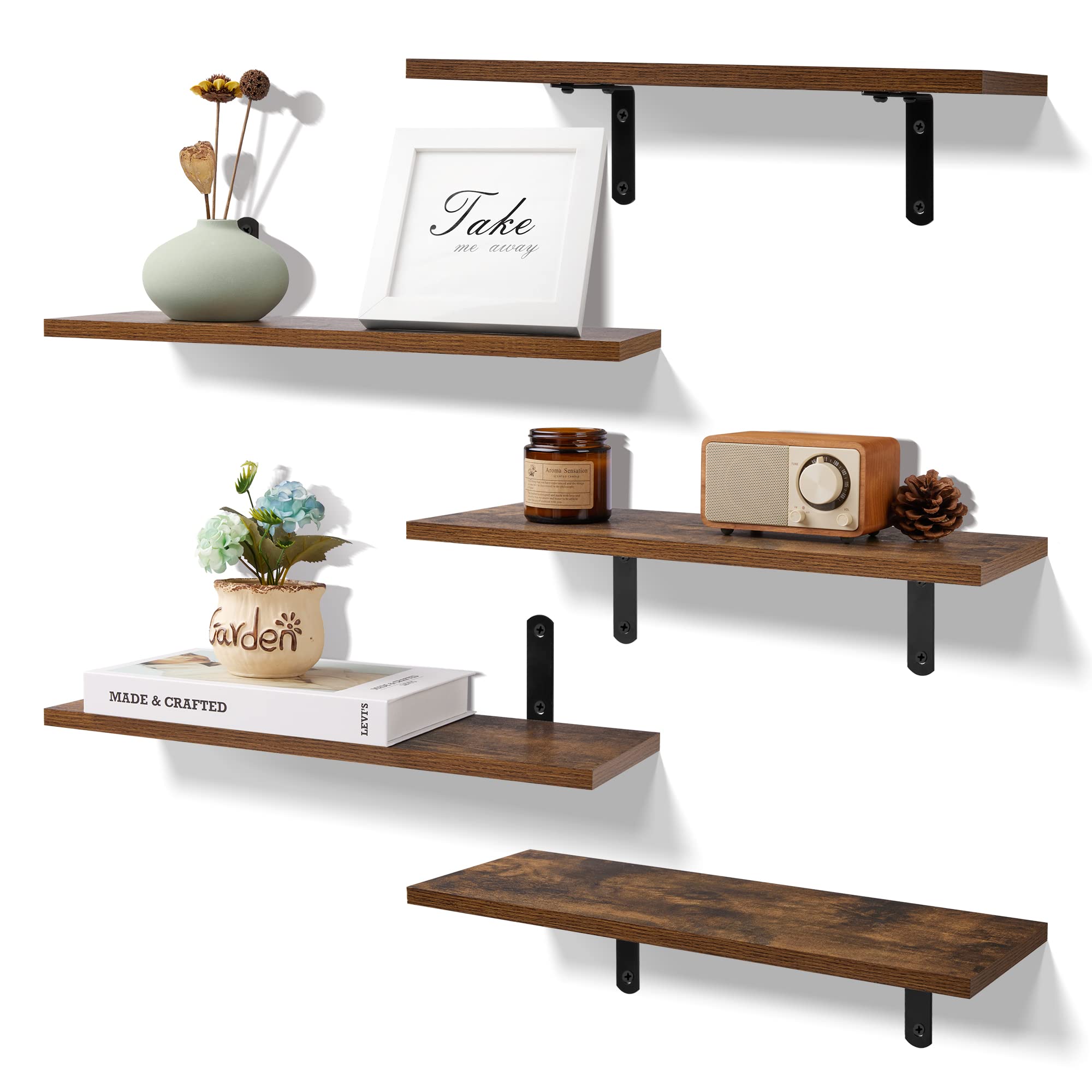 Floating Shelves for Wall Decor Storage, Dark Brown Wall Mounted Shelves Set of 5