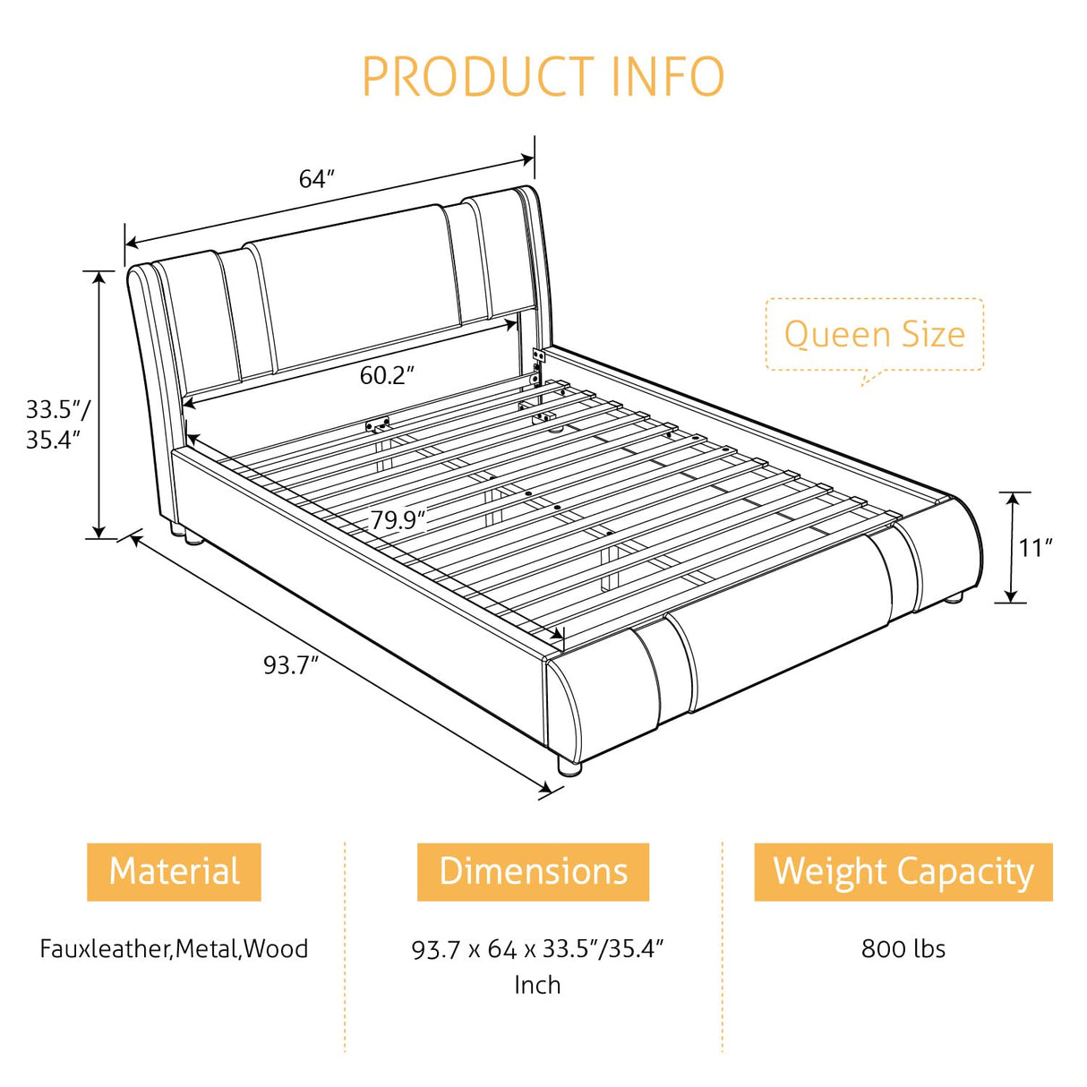 Modern Faux Leather Queen Bed Frame with Adjustable Headboard