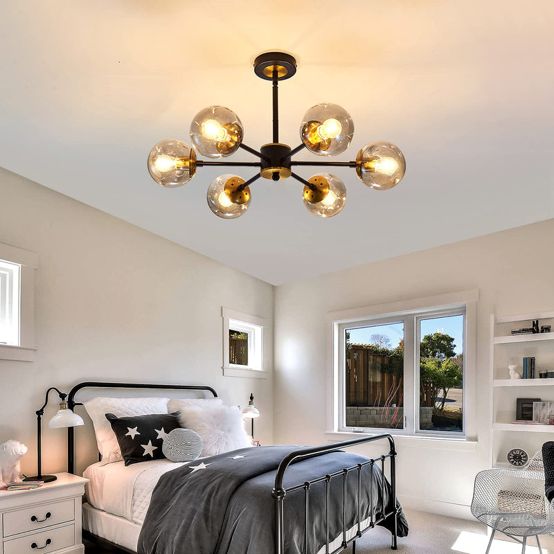6 Light Chandelier, Large Ceiling Light Fixture with Glass Classic, Black Pendent Lighting