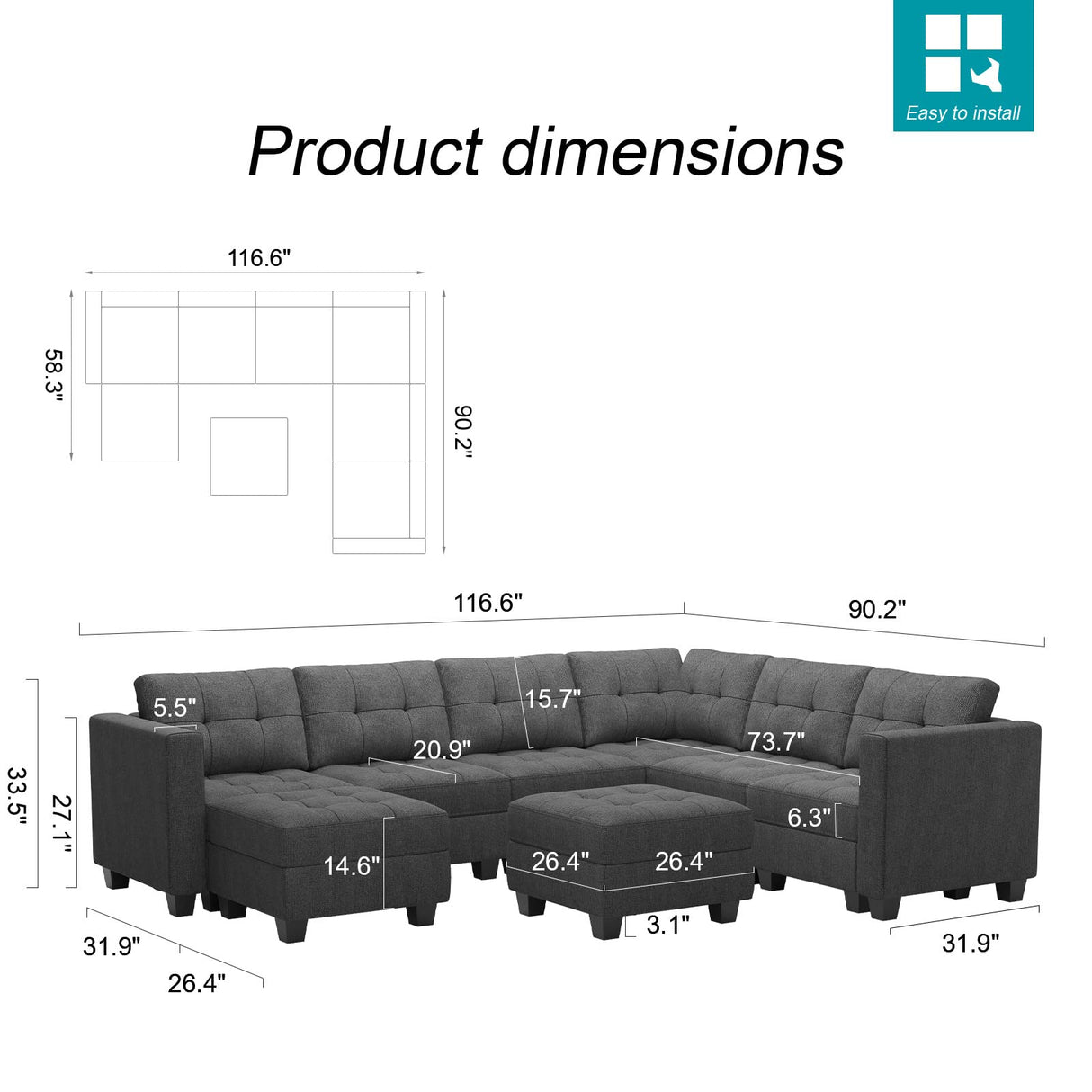 Sofa Set with Ottomans Oversized U Shaped Sofa Set with Storage Seat