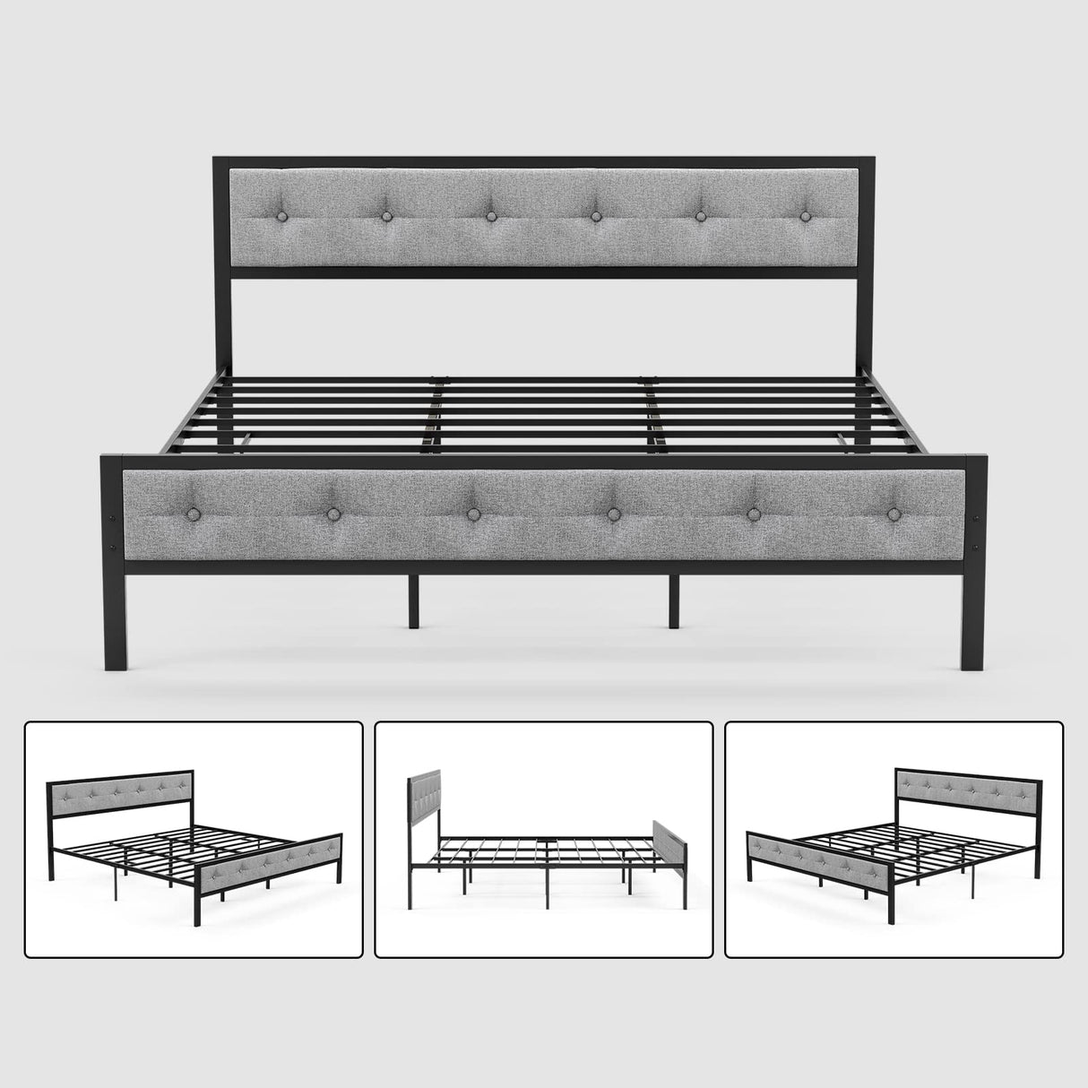 Metal King Size Bed Frame with Upholstered Linen Headboard Footboard