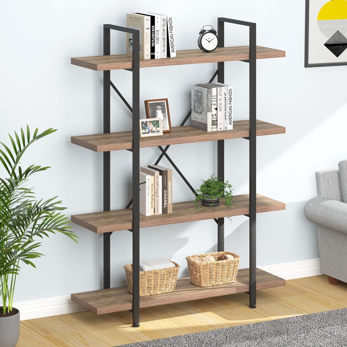 Industrial 4 Tier Bookshelf, Modern Metal and Wood