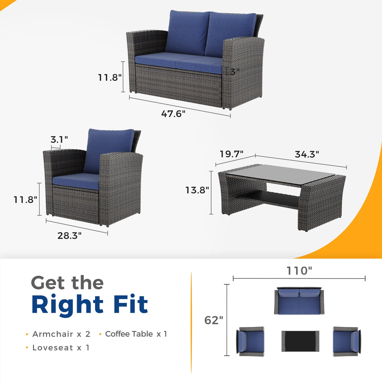 4 Piece Outdoor Patio Furniture Sets, Wicker Conversation Set for Porch Deck