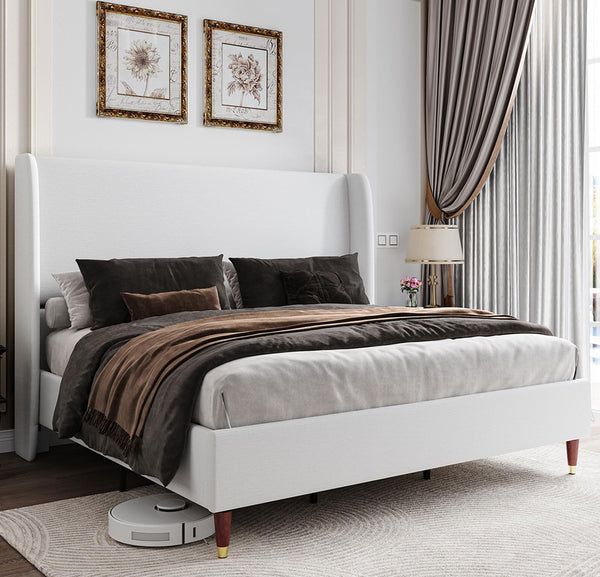 King Bed Frame Upholstered Bed with Wingback Headboard Platform Bed King Size
