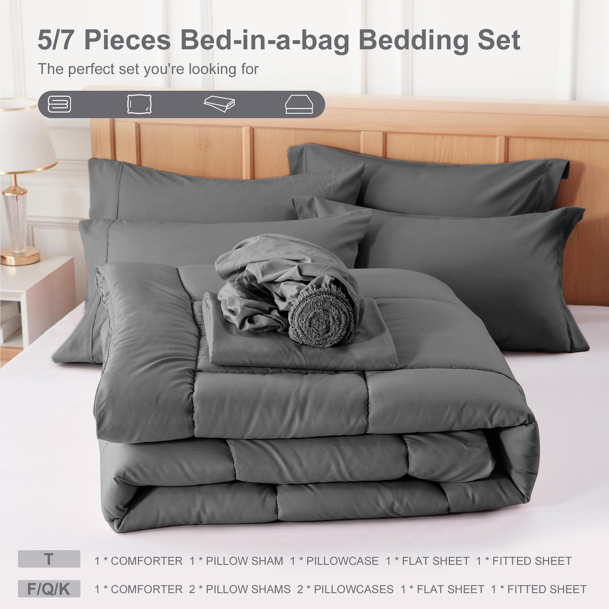 Queen Bed in a Bag - 7 Pieces Dark Grey Comforter Set, Lightweight All Season Ultra