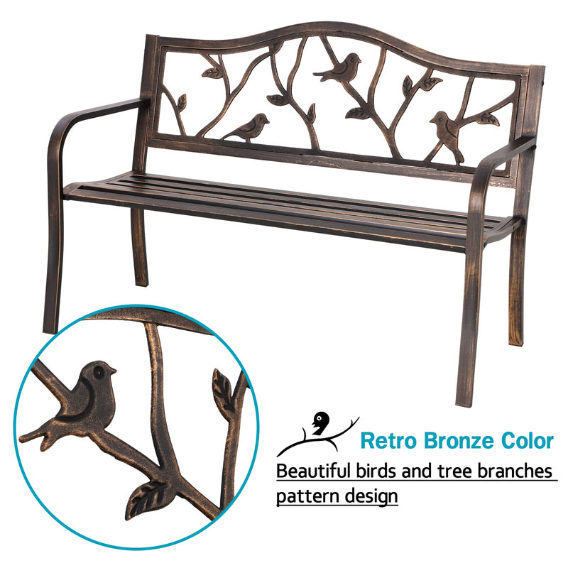50" Outdoor Garden Bench,Patio Metal Frame Park Bench with Bird Pattern Backrest