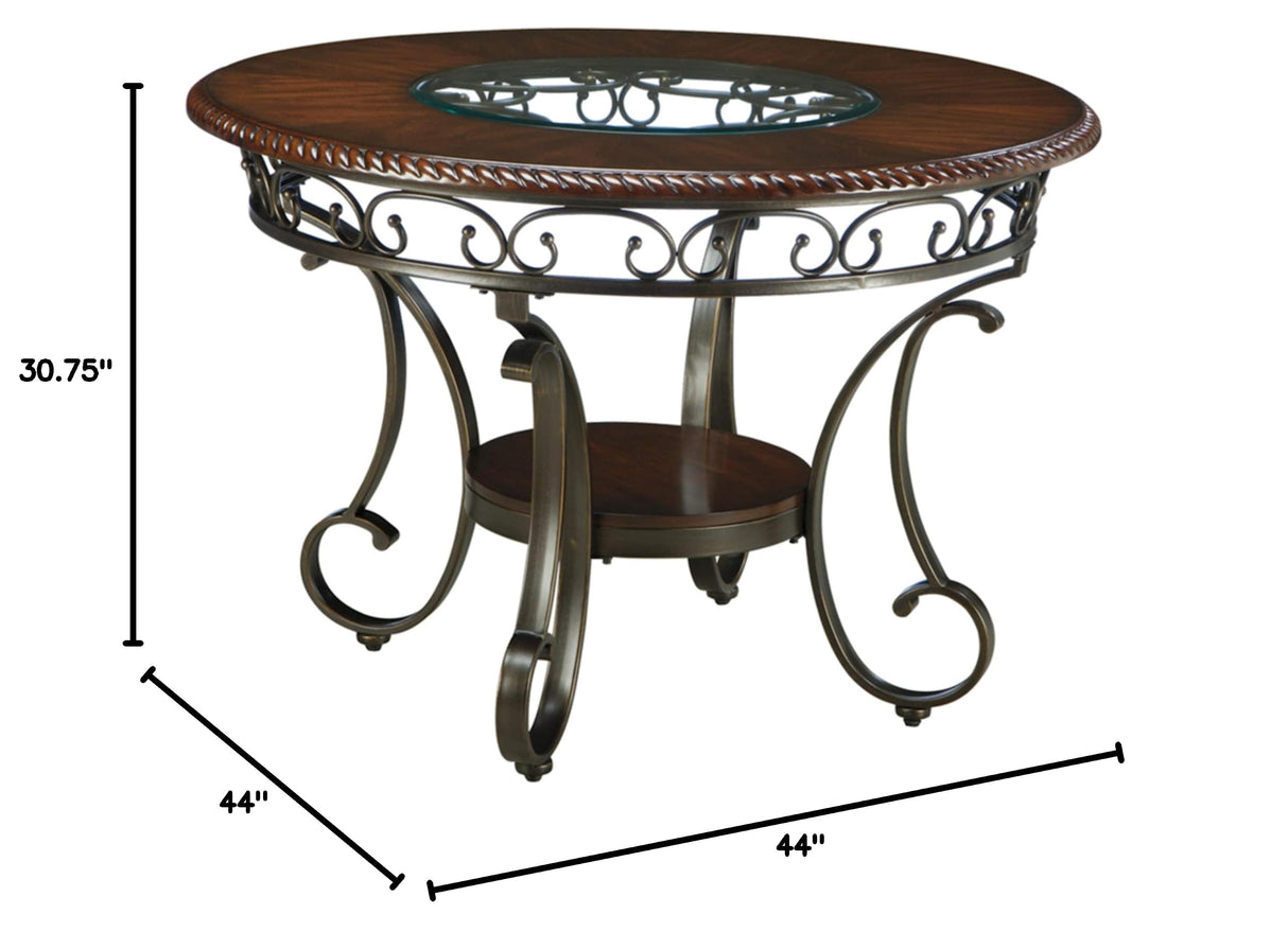 Glambrey Old World 45" Round Glass Top Dining Table, Brown