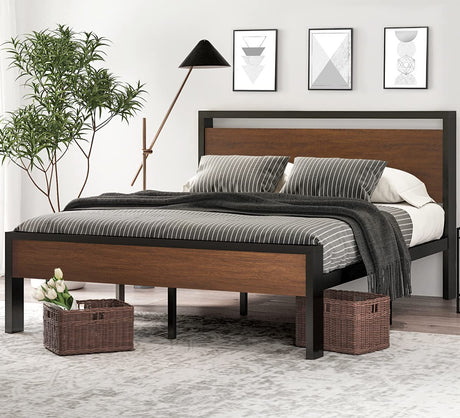 14 Inch Queen Size Metal Platform Bed Frame with Wooden Headboard and Footboard