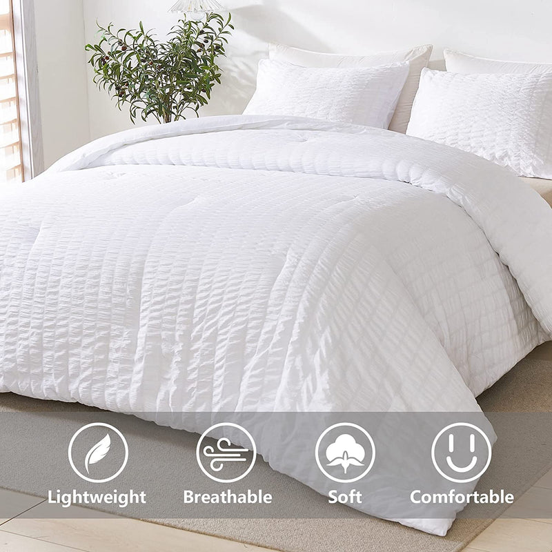 White Twin Size Comforter Set, 2 Pieces Bedding Comforter Sets (1 Seersucker Textured Comforter & 1 Pillowcase), Lightweight Microfiber Down Alternative Bed Set (66x90 inches)
