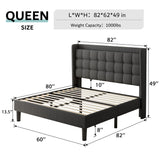 Queen Bed Frame with Button Tufted Headboard, Upholstered Platform Bed with Charging